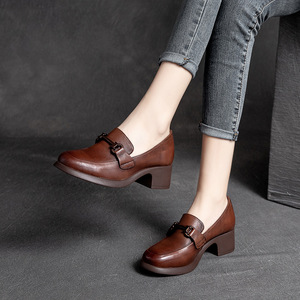 名牌品质真皮单鞋女复古休闲布洛克粗跟女鞋头层牛皮英伦风皮鞋女