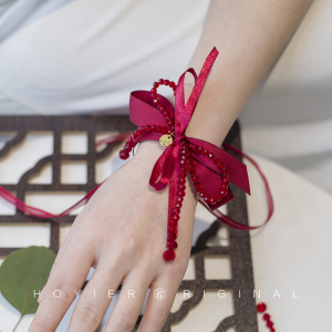 花亦原创新品包邮婚礼新娘手腕花伴娘手环简约中式红色喜庆手花