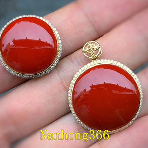 凉山南红玛瑙锦红柿子红圆形大蛋面吊坠戒面18k金镶嵌项链戒指女