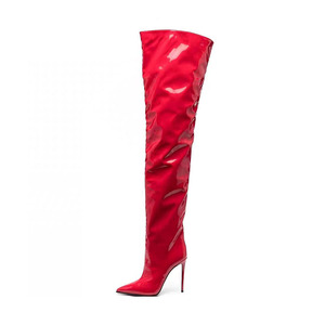 红色牛漆皮细跟过膝靴欧美风尖头拼接套筒超高跟性感时装靴女靴