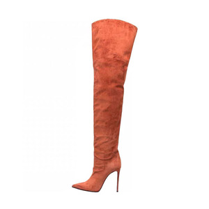 欧美新款橘色靴子长筒靴女细跟牛反绒过膝长靴高跟美腿尖头瘦瘦靴