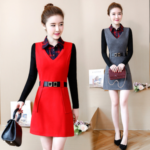 京东购物商城官网秋冬季女装2017新款假两件套毛呢连衣裙子唯品会