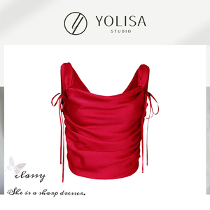 YOLISA  短款红色褶皱吊带背心小众设计感气质女神范性感百搭上衣