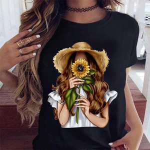 Sunflower Girl T Shirt时尚女装T恤向日葵女孩休闲黑色短袖上衣