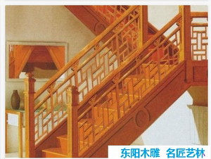 东阳木雕楼中楼木制花格栏杆 中式雕花室内实木楼梯扶手定制护栏