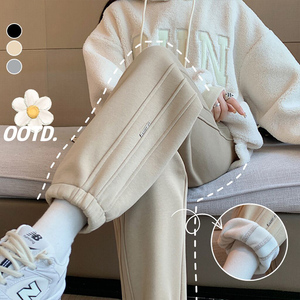 加绒奶茶色裤子女秋冬2022新款小个子八分卫裤外穿加厚冬季运动裤