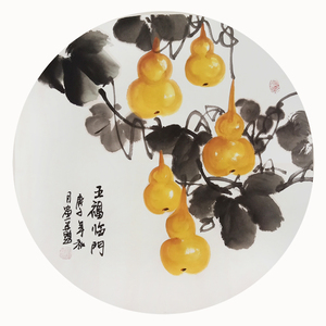 纯手绘国画花鸟葫芦装饰画中堂客厅玄关卧室餐厅圆形风水装饰挂画