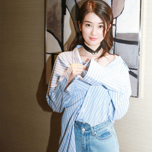 欧洲欢乐颂2 乔欣关雎尔关关同款蓝白条纹衬衫女长袖韩范上衣宽松