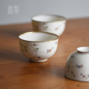 日本进口幸山窑彩绘描金唐草轻量高温骨瓷茶碗茶具主人杯茶道礼品