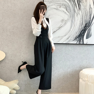 时尚阔腿连体裤套装女春款2022新气质大尖领衬衫高腰背带裤两件套