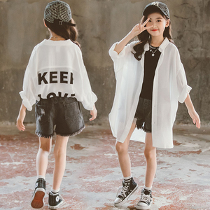 2024夏装女童中长款白色衬衣韩版中大童字母印花衬衫儿童防晒衣潮