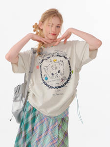 ziziFei夏美式大版宽松上衣设计感抽绳上衣圆领猫咪印花短袖T恤女