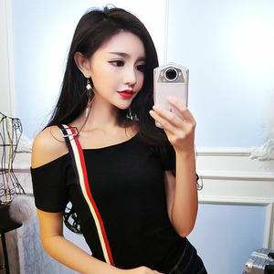 短袖紧身打底衫上衣女t恤夏季新款性感夜店女装露肩小衫修身短款