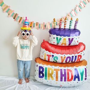 生日蛋糕铝膜气球宝宝周岁儿童生日拍照装饰道具大号卡通三层蛋糕