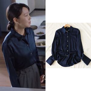 突围闫妮石红杏同款衣服藏青色衬衫翻领长袖缎面深蓝色显瘦上衣女
