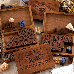 复古数字英文字母符合木质印章套盒刻印时光系列手帐装饰印画素材