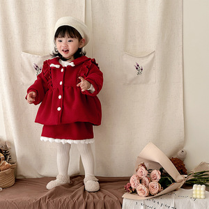 女宝宝呢子外套裙子套装婴幼儿童红色礼服女童过年拜年衣服两件套