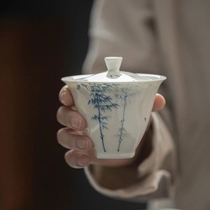 叶屿玉泥白瓷釉下纯手绘青花竹子盖碗文人功夫泡茶盖碗素雅风碗杯