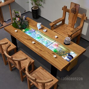 新中式实木茶桌禅意鱼缸茶几茶室原木家具养鱼桌椅组合流水茶台