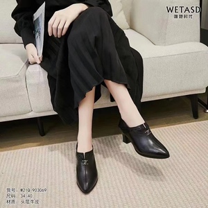 唯她时代2022春款粗跟小皮鞋高跟尖头单鞋软牛皮两穿女鞋903069