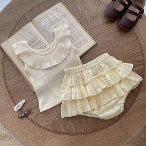 INS婴幼儿童夏季露背无袖荷叶领上衣+双层花苞蛋糕短裤裙2件套装