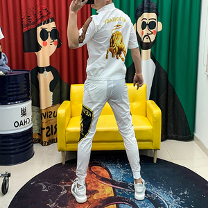 男夏季套装拉链开衫金牛数码印花立领速干裤精神小伙短袖男两件套