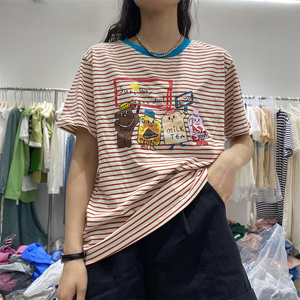one 韩国货饮料瓶子趣味卡通印花条纹圆领短袖棉质t恤女夏季18770