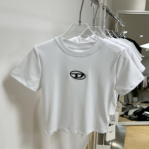 元熙6009字母刺绣短袖t恤性感修身短款打底上衣2023秋季新款女装138人