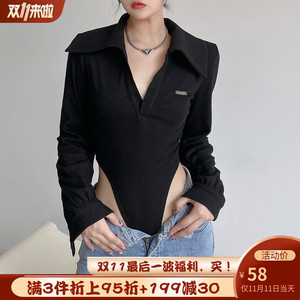 rockmore欧美辣妹性感v字大翻领连体衣女黑色百搭修身显瘦打底衫