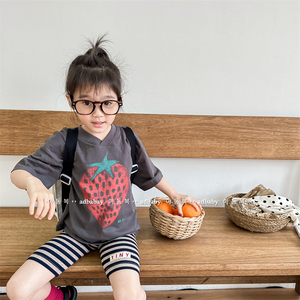 儿童韩版夏装短袖螺纹领T恤夏季男女童草莓印花打底衫宝宝套头衫