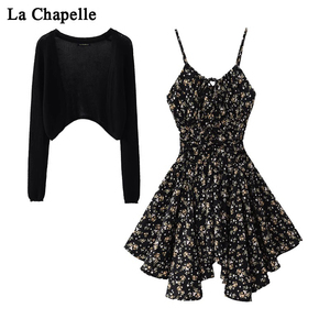 拉夏贝尔法式茶歇黑色碎花吊带裙夏季女收腰短款连衣裙开衫两件套