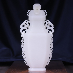 【传家级藏品】新疆和田玉籽料白玉器皿如意双环玉瓶带皮苏工摆件