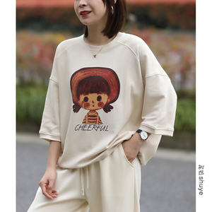 SHUYE2024新款 韩版休闲宽松大码文艺复古印花圆领中袖T恤女上衣