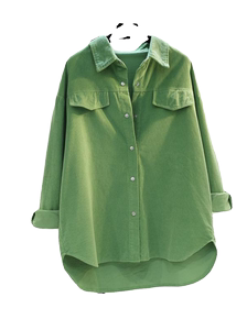 女2024春秋新款牛油果绿中长款灯芯绒衬衫加厚双口袋衬衣外套开衫