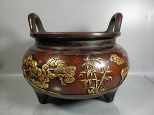 老件纯紫铜鎏真金窦朱家藏清玩款錾刻福禄寿纹元宝冲耳大香炉摆件