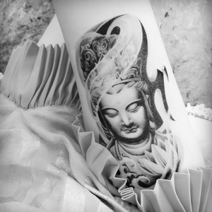 佛祖观音菩萨莲花黑白花臂纹身贴 持久男女防水暗黑大腿大图刺青