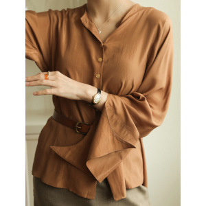 retolde |限定 意大利真丝醋酸 圆领镰刀袖优雅衬衫  橘棕色