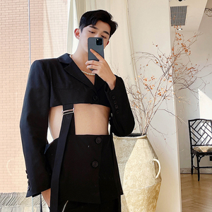 炸街西装个性胸前镂空吊带拼接设计感小众走秀款闷骚男士性感衣服