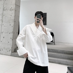 韩风潮牌秋装时髦洋气针织大V领白衬衫男长袖宽松小众套头上衣服