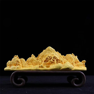 黄杨木雕山水笔架摆件实木雕刻山水人家工艺品