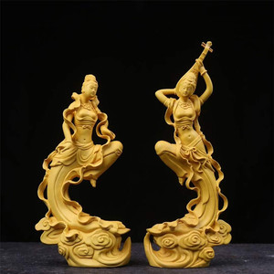 黄杨木雕 敦煌飞天美女中式工艺品人物雕刻玄关客厅会所装饰摆件