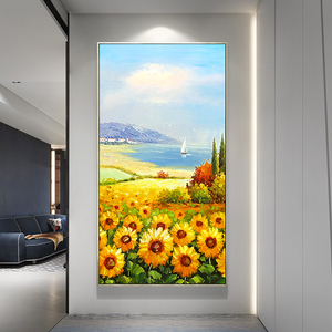现代玄关装饰画向日葵风景手绘油画简约美式走廊过道玄幻挂画定制