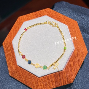 全福珠宝定制 999足金蹦迪金珠手链古法烧蓝平安喜乐链子diy手串