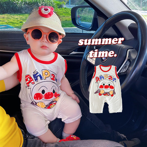夏季薄款婴儿连体衣无袖夏天透气可爱卡通面包超人宝宝哈衣爬服