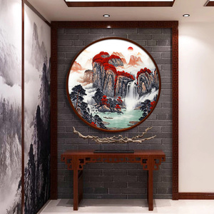 新中式圆形框 山水装饰画 客厅玄关鸿运当头国画风水招财靠山挂画