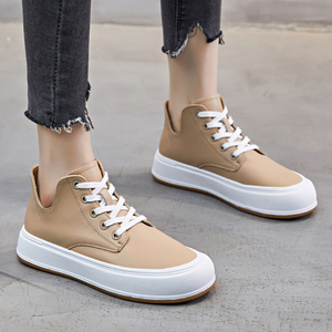 u口漏脚踝高帮鞋女平底系带休闲小白鞋2021秋季新款棕色真皮板鞋