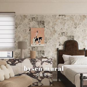 法式复古油画牡丹侘寂风背景墙壁纸客厅卧室玄关墙布酒店无缝壁画
