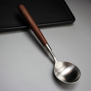 黑胡桃木柄304不锈钢勺子圆头勺家用长柄饭勺汤勺汤匙食品级餐勺