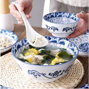 创意家用日式饭碗菜盘汤碗陶瓷碗碟套装釉下彩10个装青花瓷碗碟