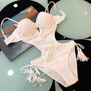 白色蕾丝流苏编织绕颈比基尼双肩带两穿修身显瘦连体 lace bikini